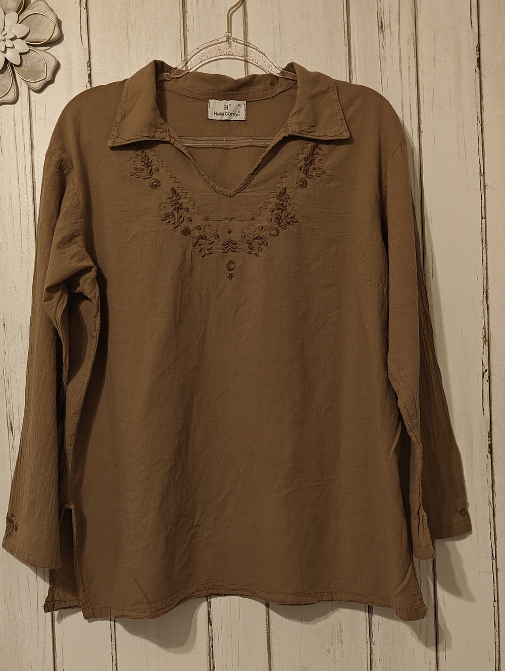 HarisCotton Embroidered V-Neck Tunic in Brown